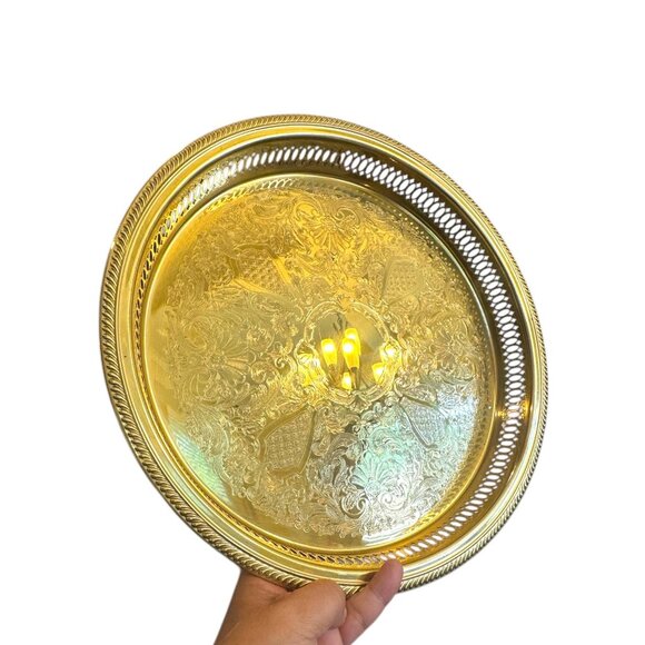 Vintage Ornate Gold-Plated Brass Round Tray 13" Serving Platter W Filigree Sides - Picture 3 of 8